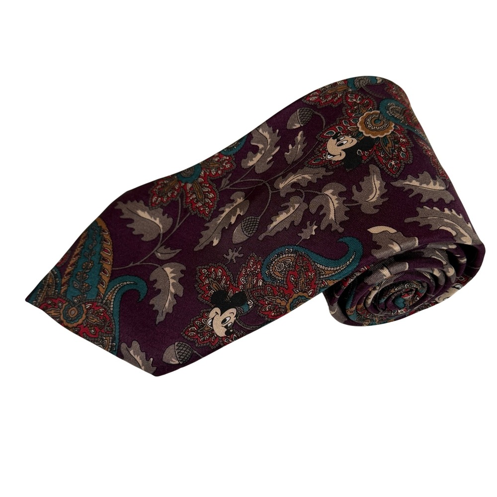 WALT DISNEY Men's 100% Silk Tie USA MICKEY MOUSE Paisley Purple/Teal EUC